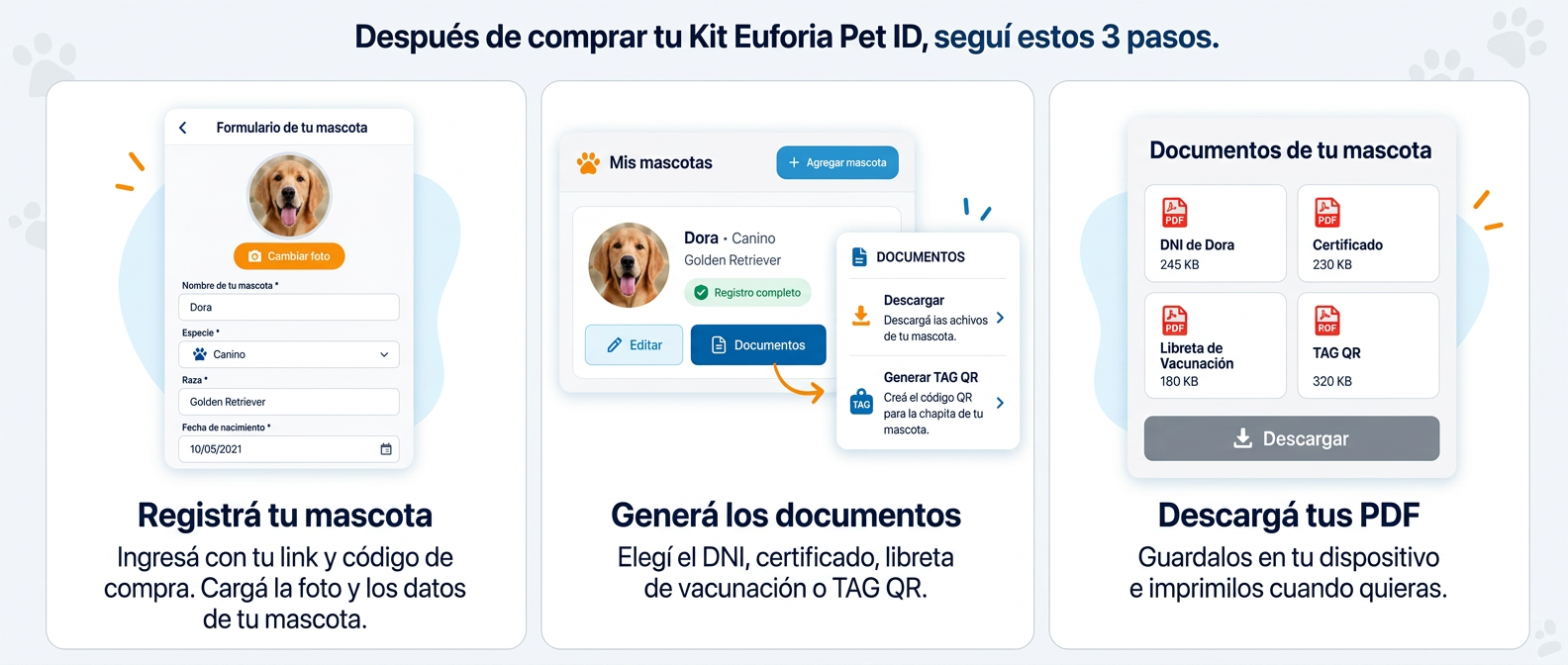 Tres pasos: registrá tu mascota, generá los documentos y descargá tus PDF